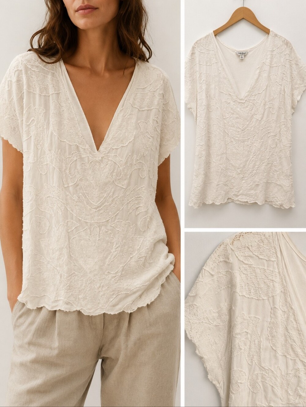 Lucky Brand Cream Embroidered V-Neck Short Sleeve Tee